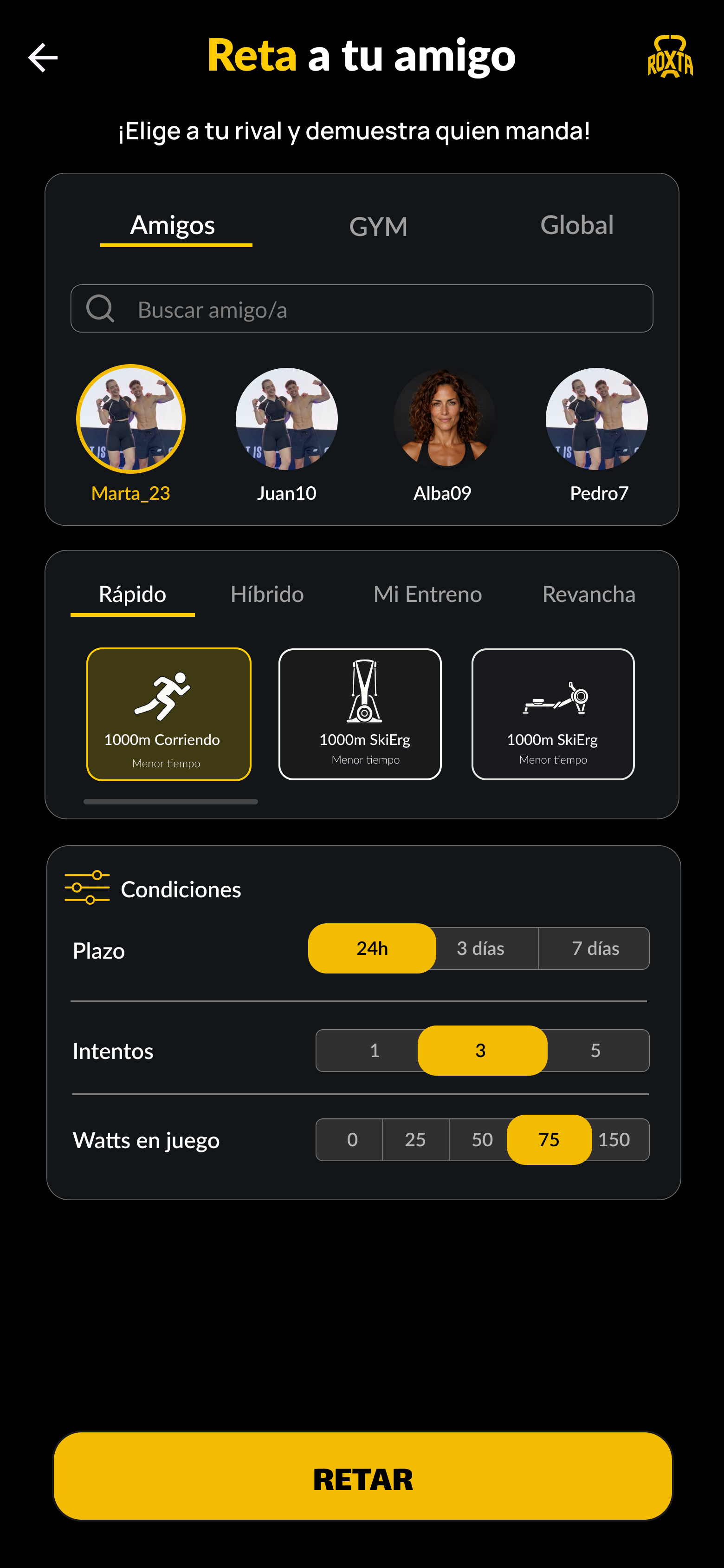 Pantalla Reta a tu amigo de ROXTA Pro